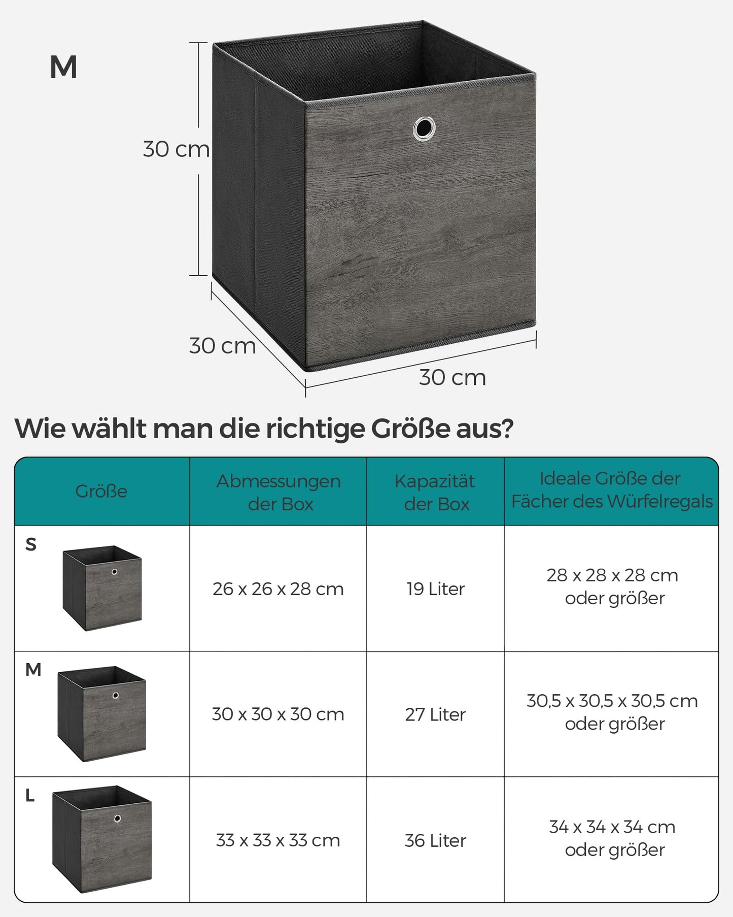 SONGMICS Storage Box, Set of 6, Organizing Boxes, Fabric, Foldable, 30 x 30 x 30 cm, Cloth Box, for Cube Shelf, Clothing Organizer, Mist Gray RFB102G01
