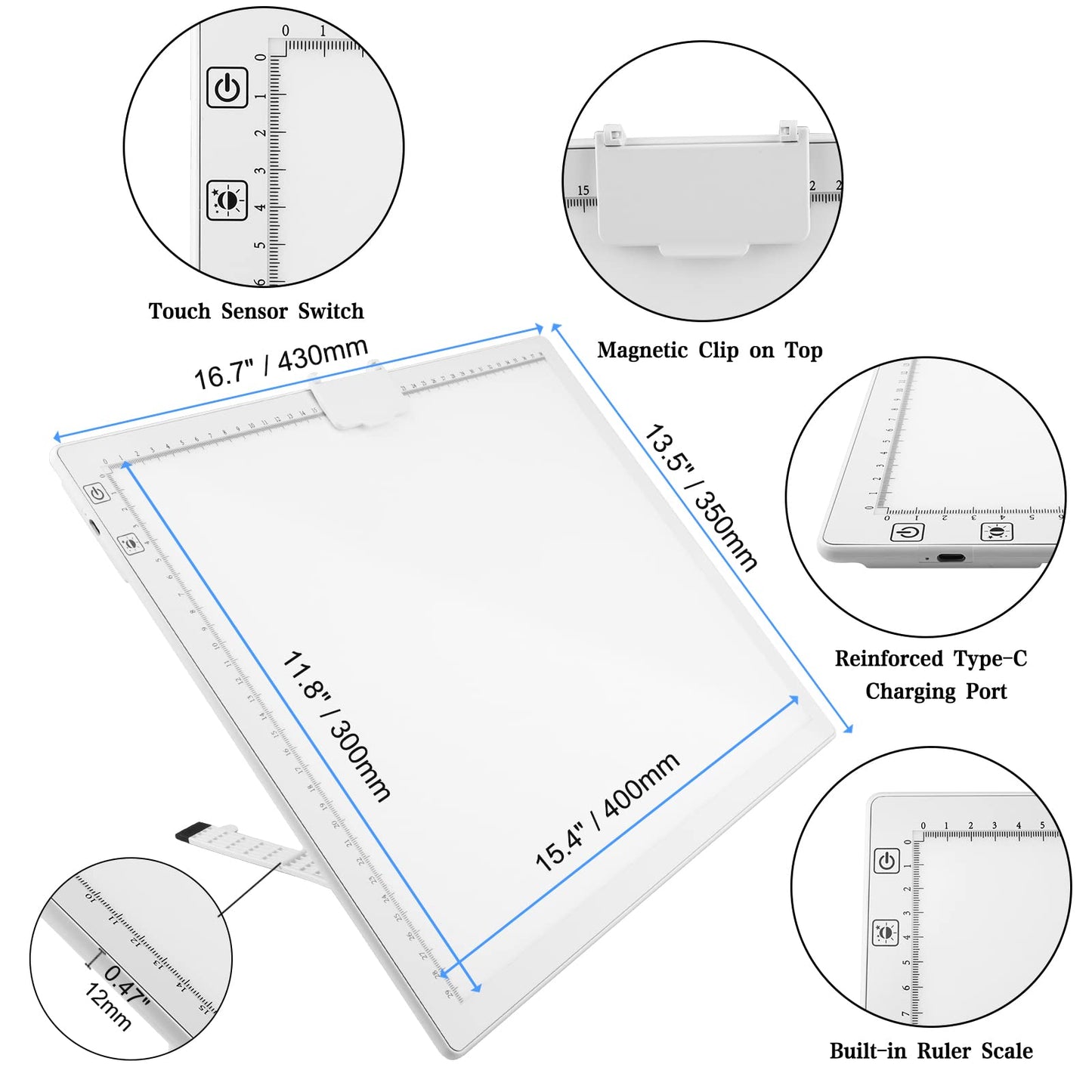 QENSPE A3 Wireless Light Table, LED Light Pad Light Box for Kids with Battery, 3 Color Modes and 6 Brightness Levels, Fully Dimmable, Lightbox with Stand and Magnetic Clip, Diamond Painting Accessories.