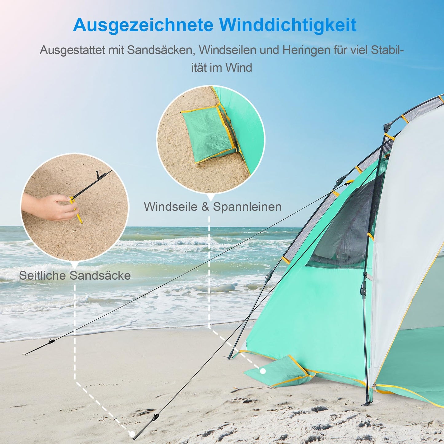 WolfWise beach tent with UV protection 50+, 4-5 people beach shelter with Quick-Up system, sun protection windbreak with expandable floor, automatic sun tent for family camping garden beach mint green.