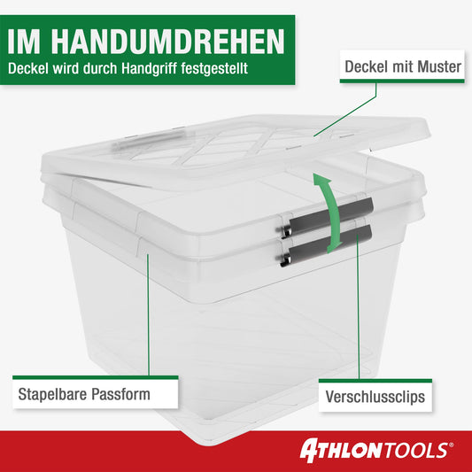 ATHLON TOOLS 4x 32 L Storage Boxes with Lid, food-safe - Closure Clips - 100% New Material Plastic Box transparent - Stackable Clothing Boxes…