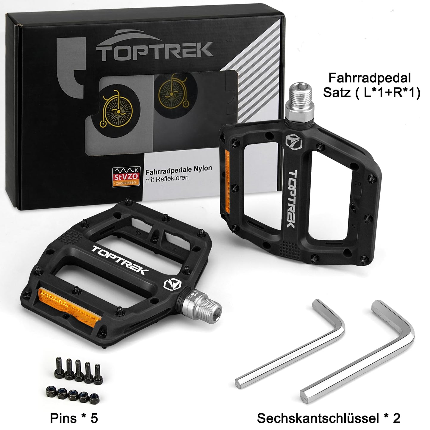 Toptrek bicycle pedals with StVZO reflectors, nylon composite flat pedals, 3 bearing non-slip MTB pedals, 9/16 inch bike pedal set for road bike/mountain bike/trekking/E-bike.