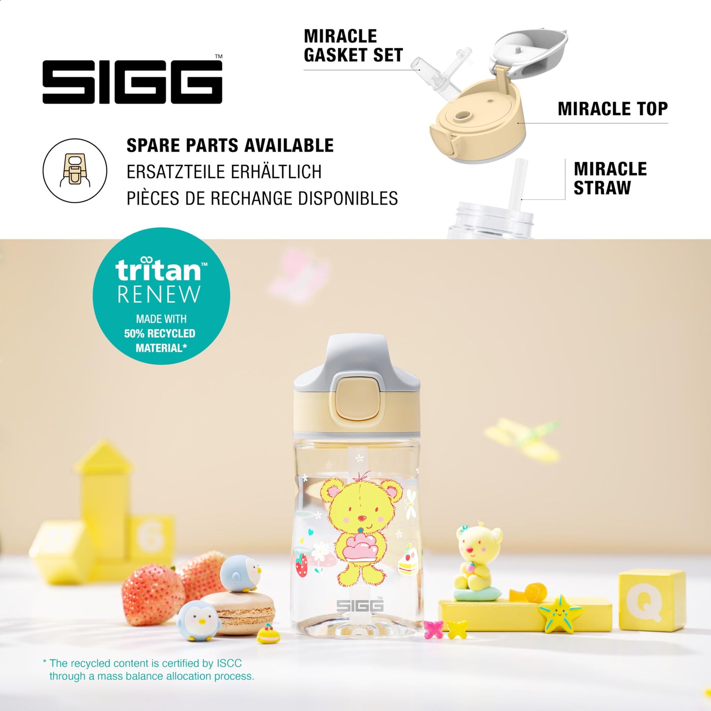 SIGG - Tritan Kids Water Bottle - Miracle Furry - With Straw - Leak-proof - Dishwasher safe - Microwave safe - Scratch-resistant - BPA-free - School & Sports - Yellow with Teddy Bear - 0.35L