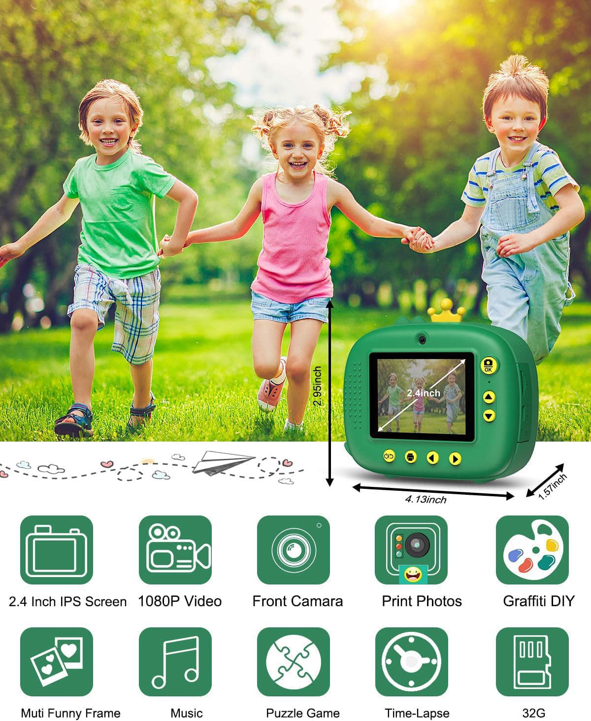 Children's camera instant camera, Hangrui instant camera for children, 1080P 2.4 inch screen camera kids instant print with 32G card, 3 rolls printing paper, 5 colored pens gift for children 3-12 years.
