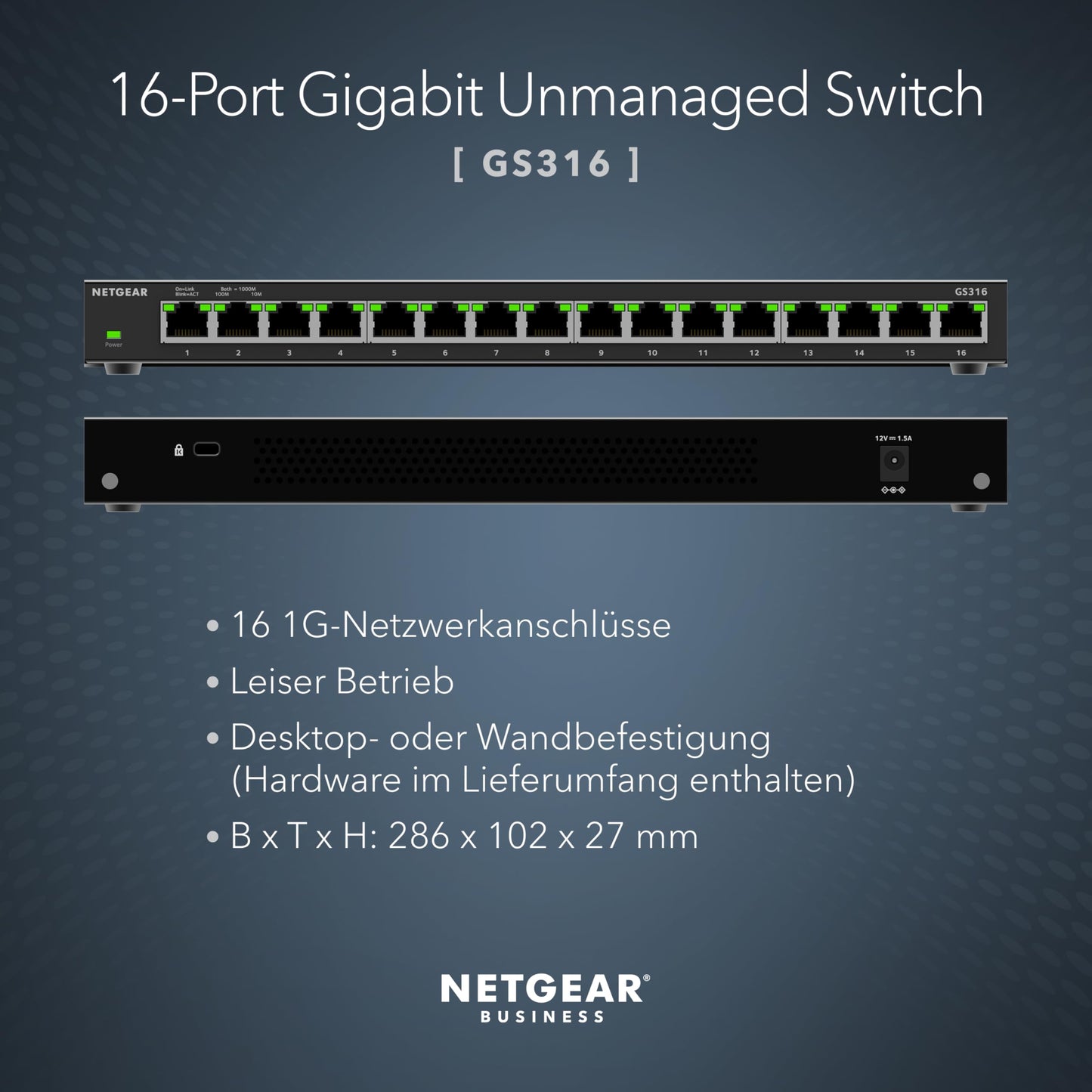 NETGEAR 16-Port Gigabit Ethernet Unmanaged Switch (GS316): Desktop or wall mountable, quiet operation.