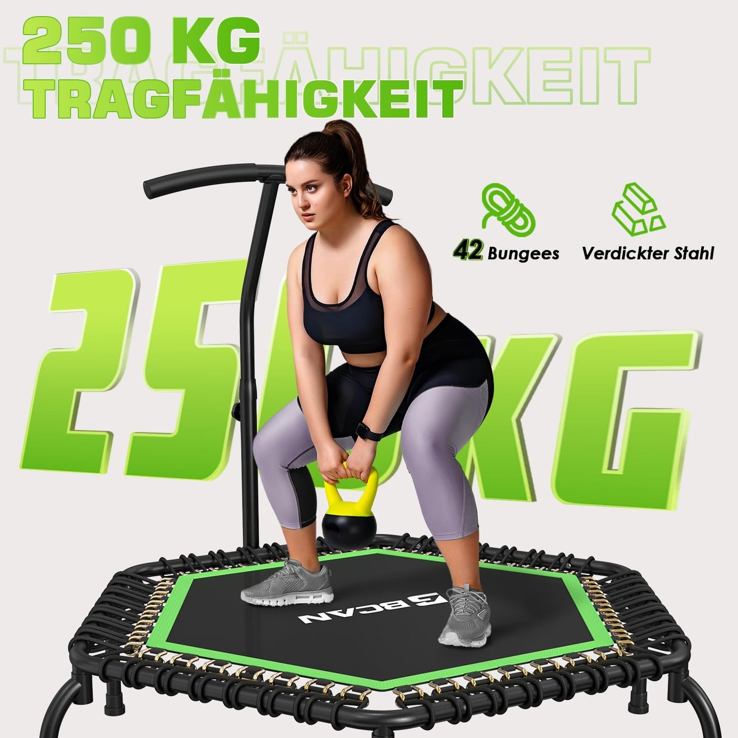 BCAN Fitness Trampoline Indoor Γ 122 cm, Trampoline for Adults up to 250 kg, Ground Trampoline with Adjustable T-Handle & 42 Bungee Cords, Quiet & Low in vibrations.