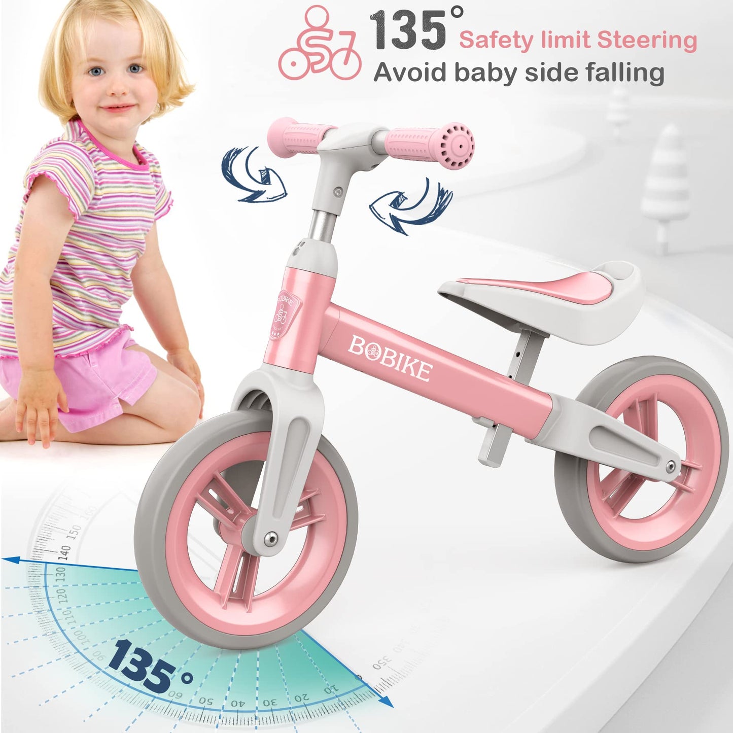 MHCYLION balance bike for 1.5-4 year olds up to 25kg, adjustable handlebar and seat height, handlebar lock, ultralight kids' balance bike for boys and girls (pink)