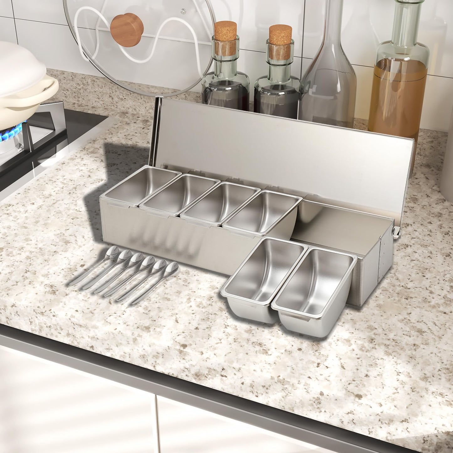 LFhelper 6 Grid X 460ML Spice Box Side Dish Container Ingredient Container Spice Container, Bar Container, Food Container Stainless Steel Fruit Box Storage, Catering Mix Replaceable ingredient box & lid