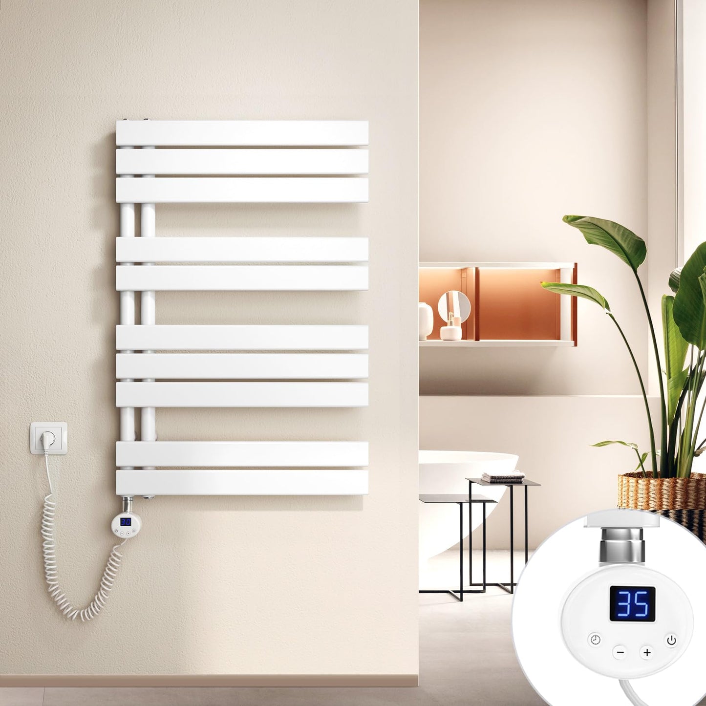 Meykoers Electric Towel Radiator with Thermostat, 899 x 600mm Bathroom Electric Towel Radiator Flat White Bathroom Towel Dryer Towel Warmer