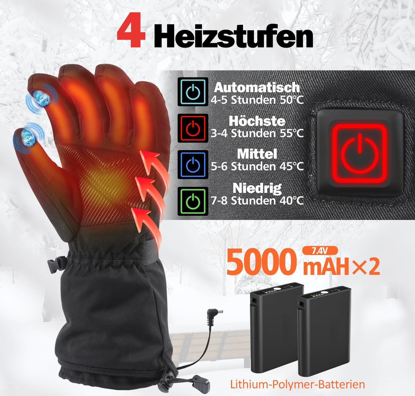 Tantu Heated Gloves for Men and Women, Heated Gloves with 7.4V/2×5000mAh Rechargeable Batteries, 4 Heat Settings Choose Gloves with Heating for Skiing Camping Hiking Motorcycle Gloves