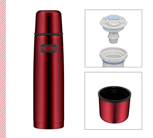 THERMOS LIGHT & COMPACT BEVERAGE BOTTLE 1L, cranberry red, stainless steel thermos bottle, red with drinking cup, 24h hot / 24h cold, dishwasher safe, absolutely leak-proof, BPA-free.