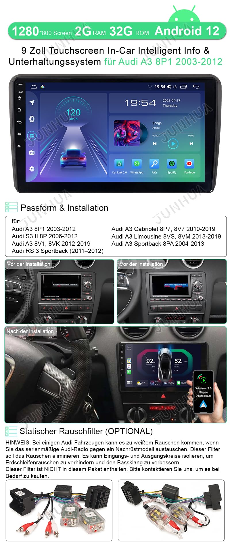 JUNHUA 9" Android 14 2GB+64GB Car Stereo for Audi A3 S3 RS3 8P7 8VS 8PA, Supports Wireless Carplay Android Auto GPS Navigation Radio Bluetooth WiFi FM RDS Bose System