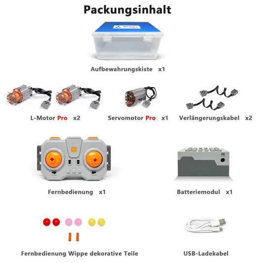 Technology Power Functions Motor Set, 2x L Motor, 1x Servo Motor, remote control, battery box, extension cable for Technic cars, compatible with Lego.