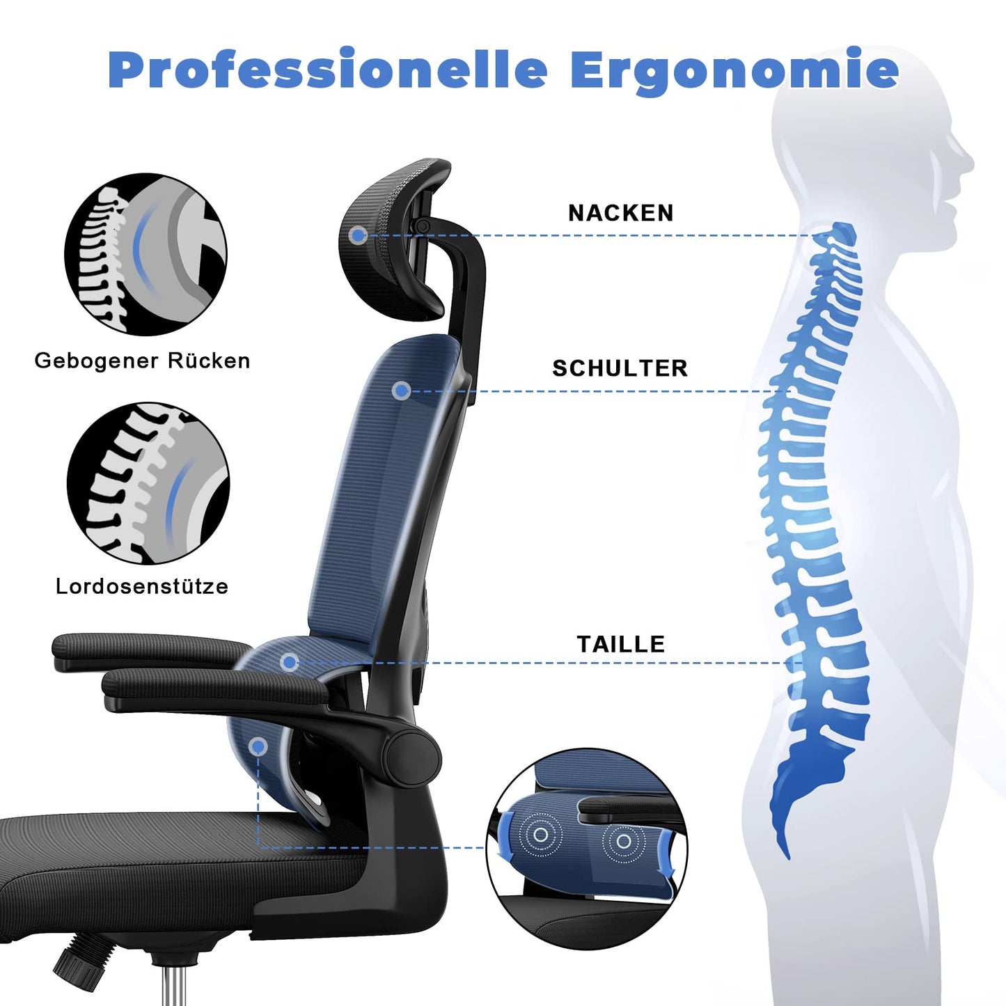 Naspaluro office chair, Ergonomic desk chair with adjustable headrest, armrests, dynamic lumbar support, swivel chair with breathable mesh cover for home office, black.