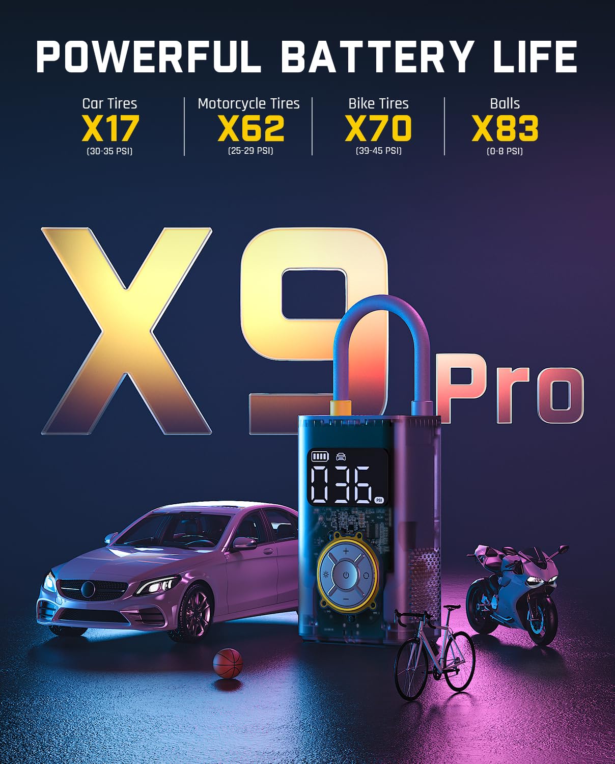 Fanttik X9 Pro Portable Electric Air Pump, 1 Min Fast Inflation Electric Compressor, 10.3 BAR/150 PSI Air Compressor with LED Light for Bike, Car, Motorcycle, and Ball - Mechanical Gray