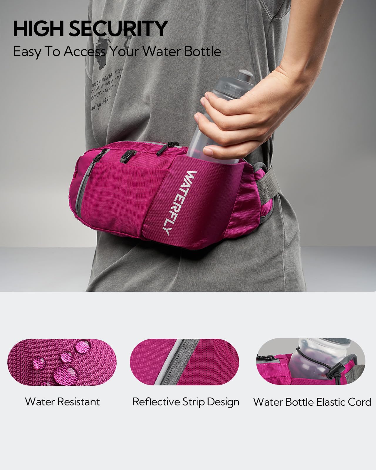 WATERFLY Waist Bag for Men and Women with Bottle Holder: Sporty Small Waist Pack Stylish Jogging Fanny Pack Walking Bumbag Dog Training Bum Belt MTB Hipbag Sport Hip Bag Travel Belly Bag