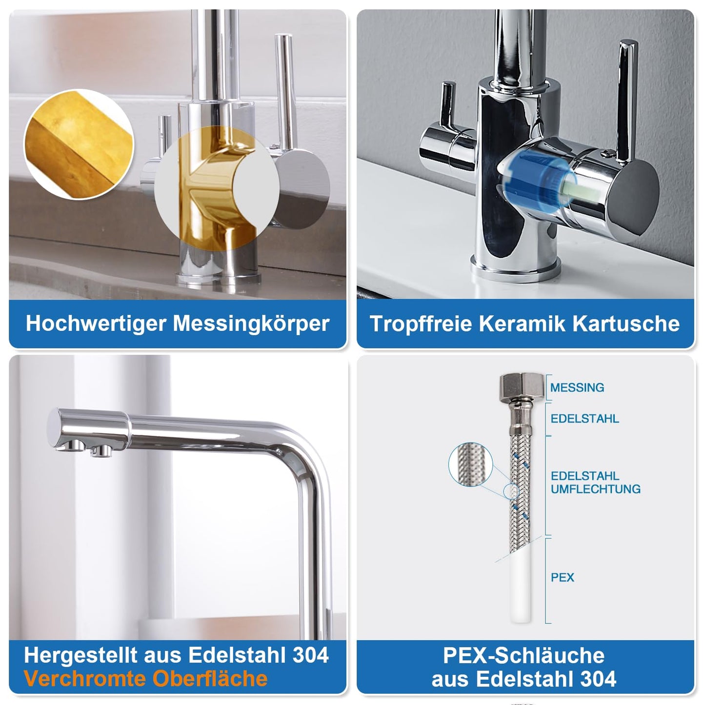 ROVOGO Kitchen Faucet 3 Way Water Filter Mixer Tap, Kitchen Tap for Hot, Cold and Drinking Water, 360° Rotatable Sink Faucet Stainless Steel with Double Lever and 3 Hoses, Chrome