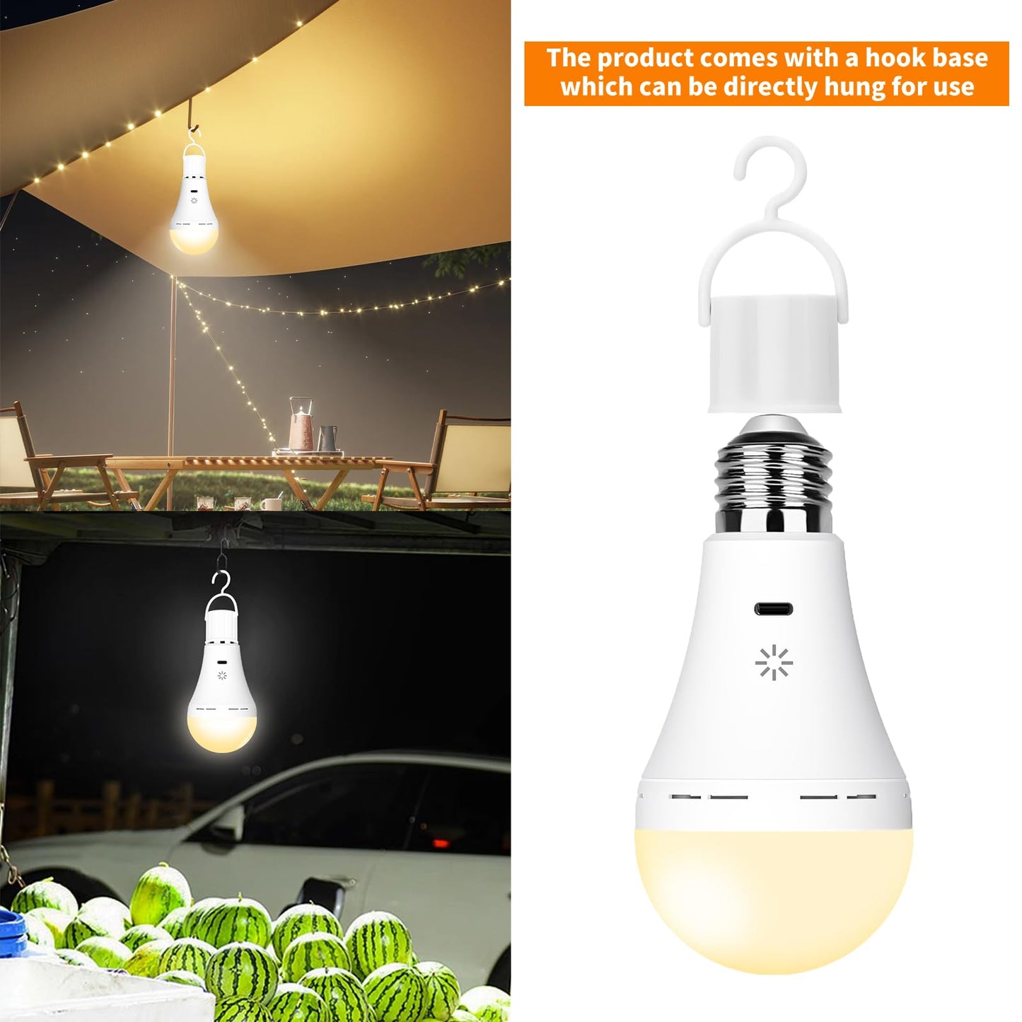 BOBOPAI USB-C Rechargeable Bulb With Remote Control, 7W E27 Smart Battery LED Bulb, Touch Control Dimmable, With Timing Function, Outdoor Camping Emergency Light With Hook, 3000k/2 pack