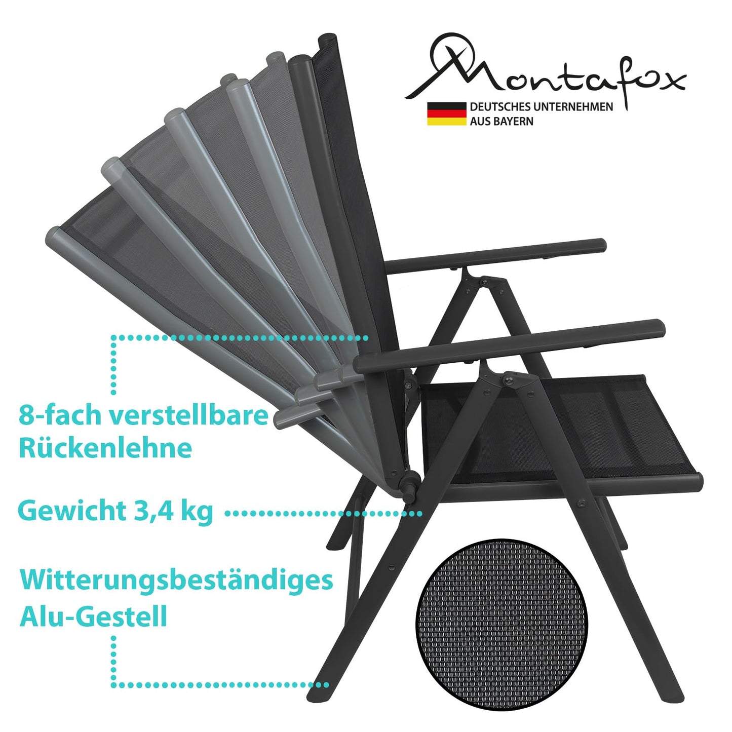 Montafox Folding Chair Set Balcony Chairs Aluminum Garden Chair Adjustable Foldable Load Capacity 120 kg Outdoor High-Back Aluminum Folding Chair Double Pack Balcony Terrace, Color:Black, Quantity:4 Pieces