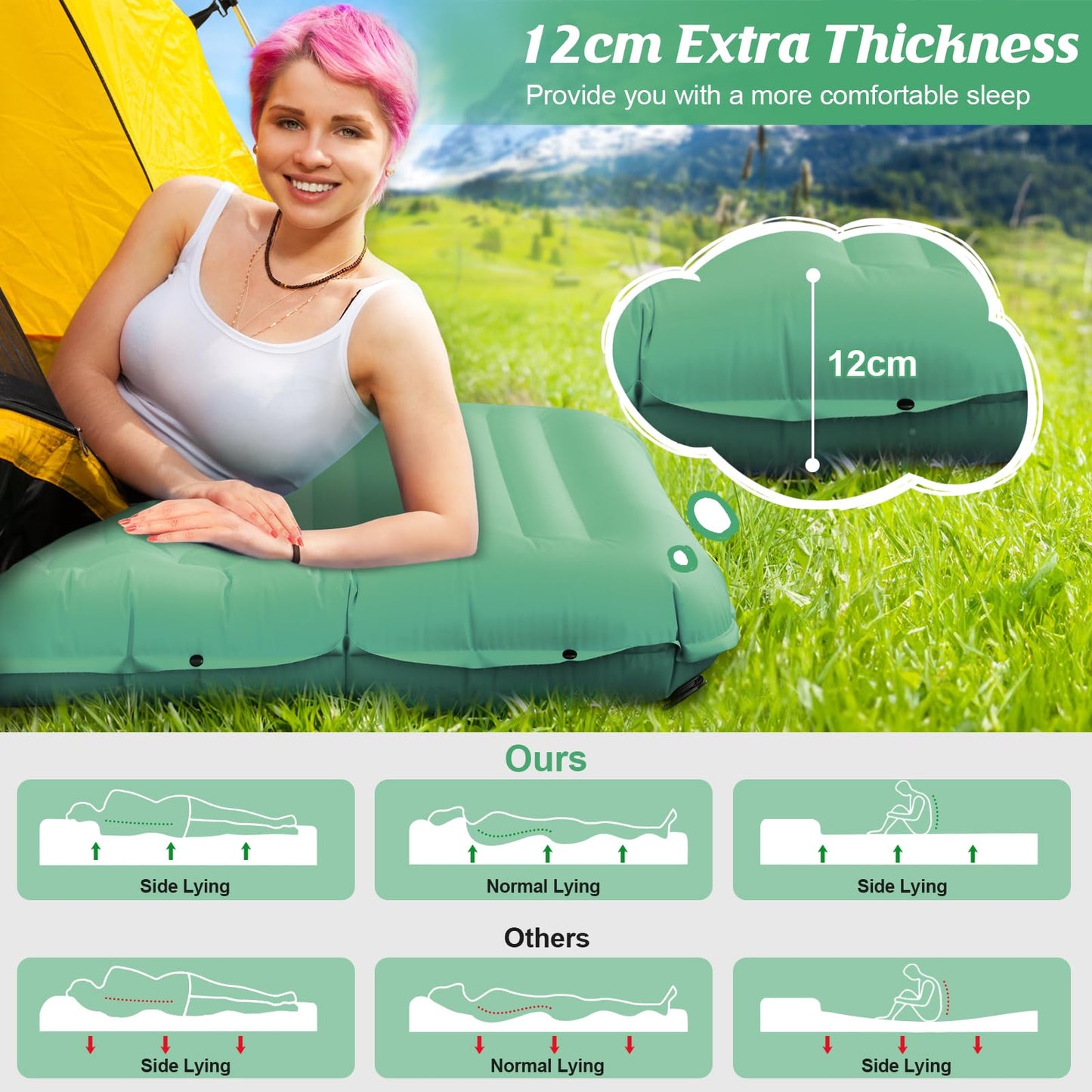 FTSMTK Self-Inflating Sleeping Pad with Foot Press Pump, 12cm Thick Camping Mat, Lightweight Air Mattress, Compact, Inflatable Camping Mat for Outdoor Camping.