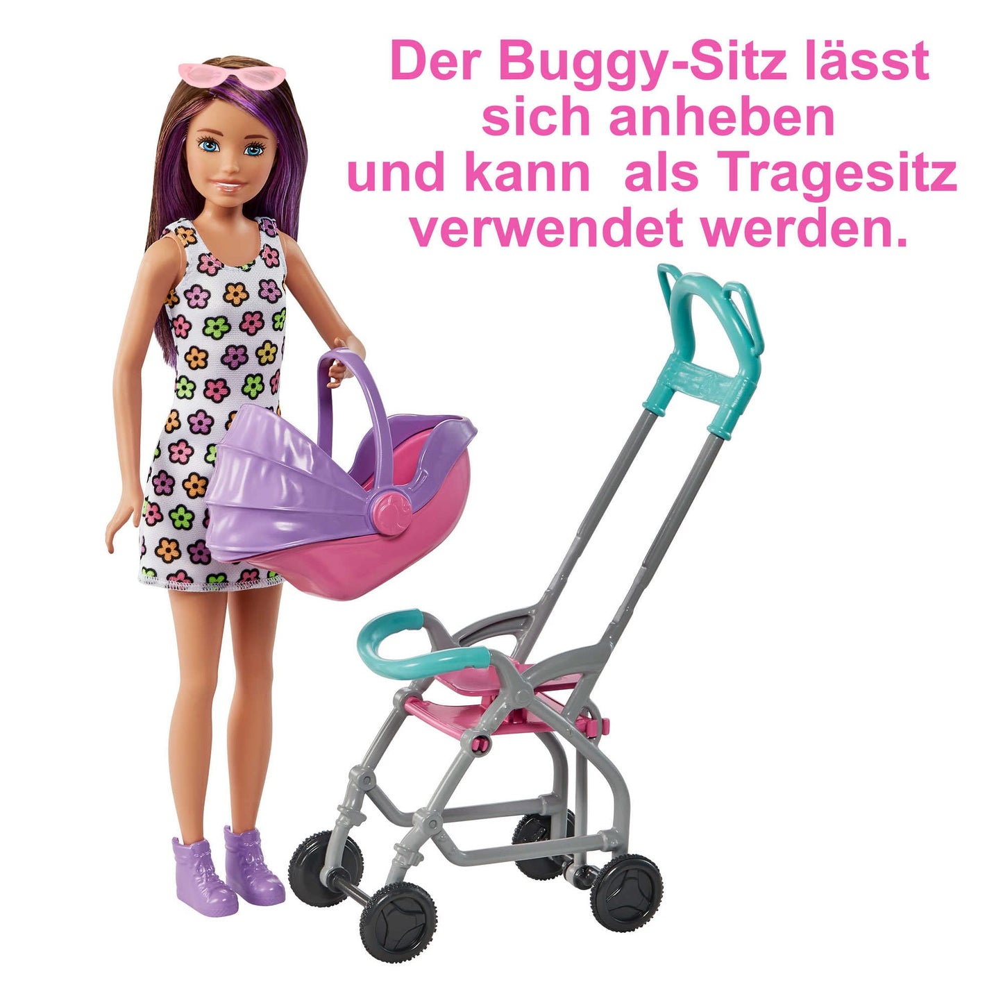 Barbie Skipper Babysitter Inc, Skipper with brown and purple hair, baby, stroller, baby carrier, accessories, total of 2 dolls, gift for kids, toy for ages 3+, GXT34