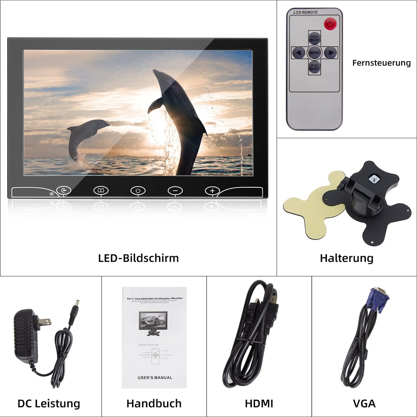 AISHICHEN Mini Monitor, Raspberry Pi Display, Portable Monitor with VGA/HDMI/VGA/HDMI/AV/BNC Port - Support Touch Button for Office/Business/Home Use/Computer (10.1 Inch -1024x600P)