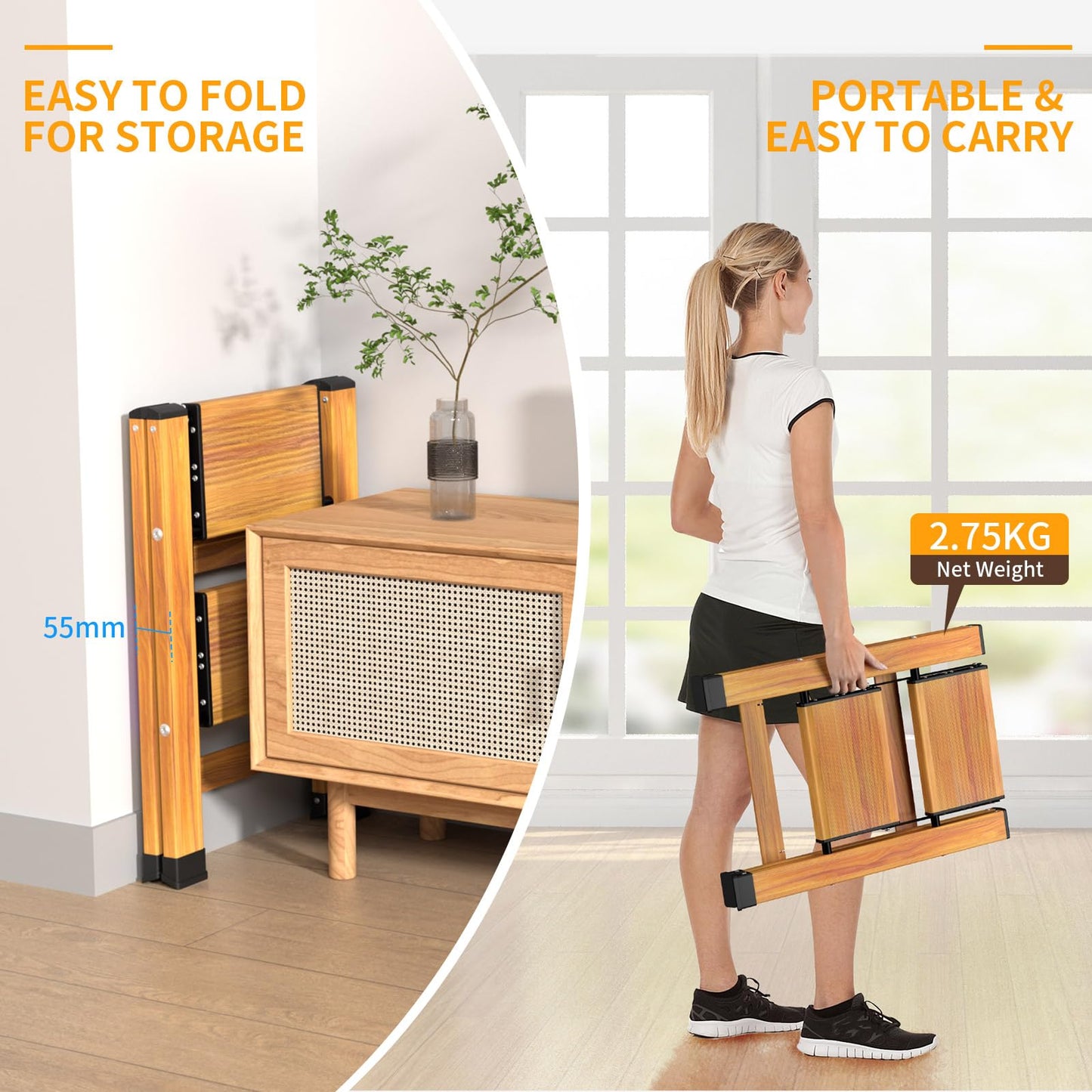 KULACO Folding 2 Step Ladder, Aluminum Foldable Ladder, Portable Step Ladder, Non-Slip Household Ladder, Multifunctional Ladder with Wood Grain Design for Home and Camping, Supports up to 150 kg.