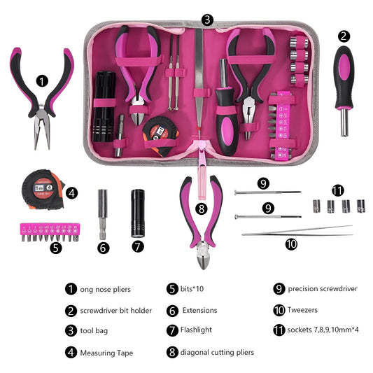Pink Lady Tool Set with Tool Box 23-Piece Repair Tool Kit with Screwdriver, Bit, Tape Measure, Wire Cutters for Home, Office, Bike