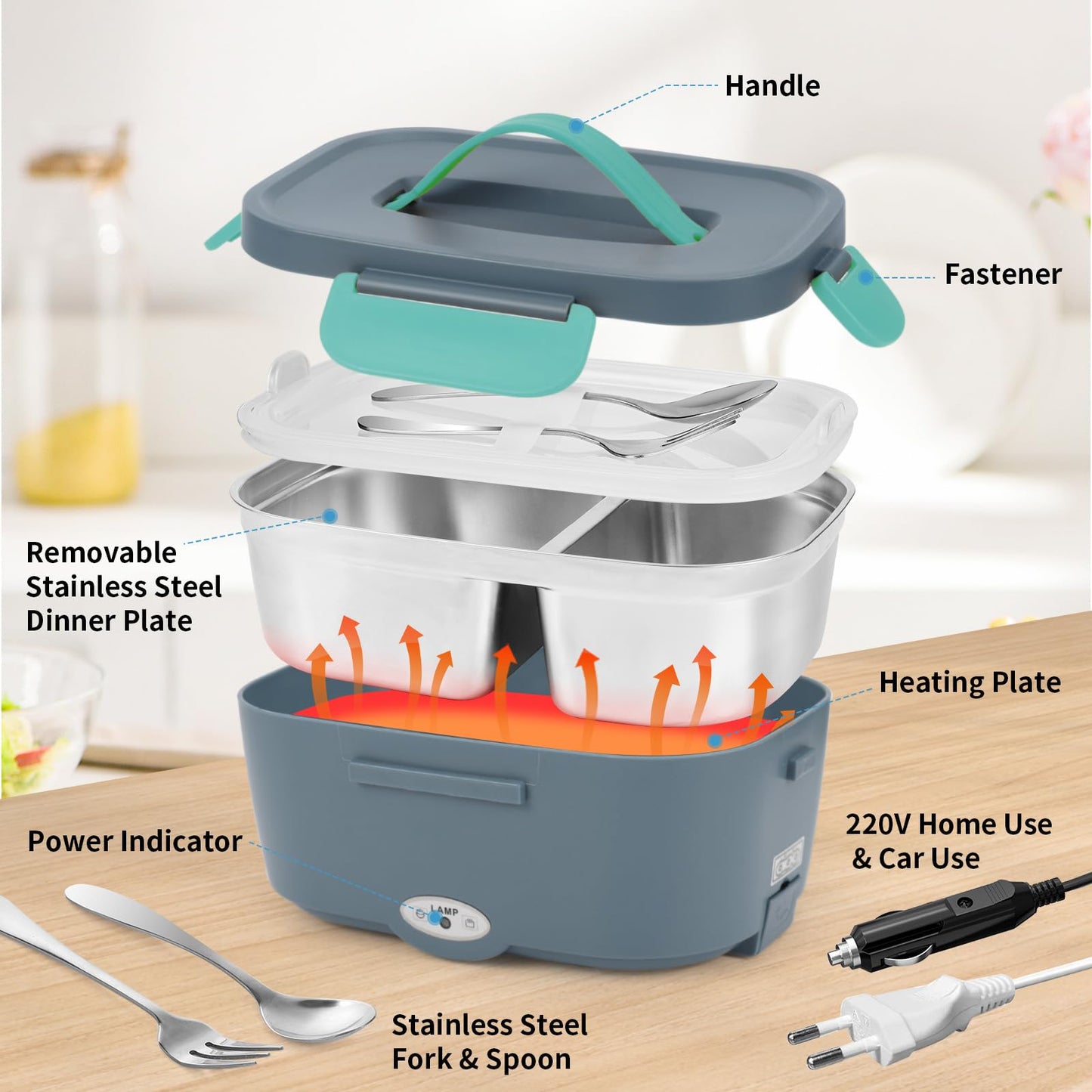 Electric Lunch Box Food Warmer Car 3 In 1 (12V/24V/220V) 1.5L with Fork Spoon 80W Removable Stainless Steel Heating Lunch Box Electric Lunch Box Portable Insulated Container for Truck Home Camping