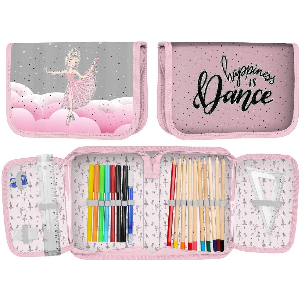 Familando girl's school backpack set Ballerina, 8-piece, ergonomic satchel with reflectors, from 1st grade with pencil case and sports bag (Ballerina)