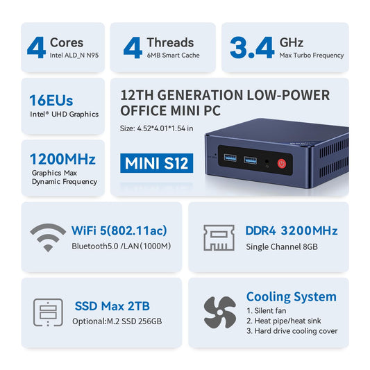 Beelink S12 Mini PC, 12th Gen Intel Alder Lake-N95 Processor (up to 3.40GHz) Mini Computer, 16GB RAM 500GB SSD Business Mini Desktop PC, Dual HDMI/WiFi 6/BT5.2/RJ45/WOL/Auto Power on