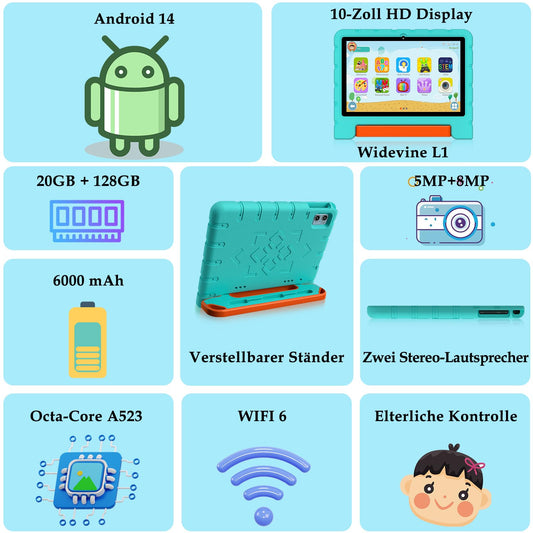 ZIOVO Kids Tablet 10-inch Android 14 with 20GB RAM + 128GB ROM (TF 1TB), WiFi 6, Octa-Core, Widevine L1, Parental Control, 6000mAh, BT 5.0, GMS Certified Kids Tablet with Eva Case - Green