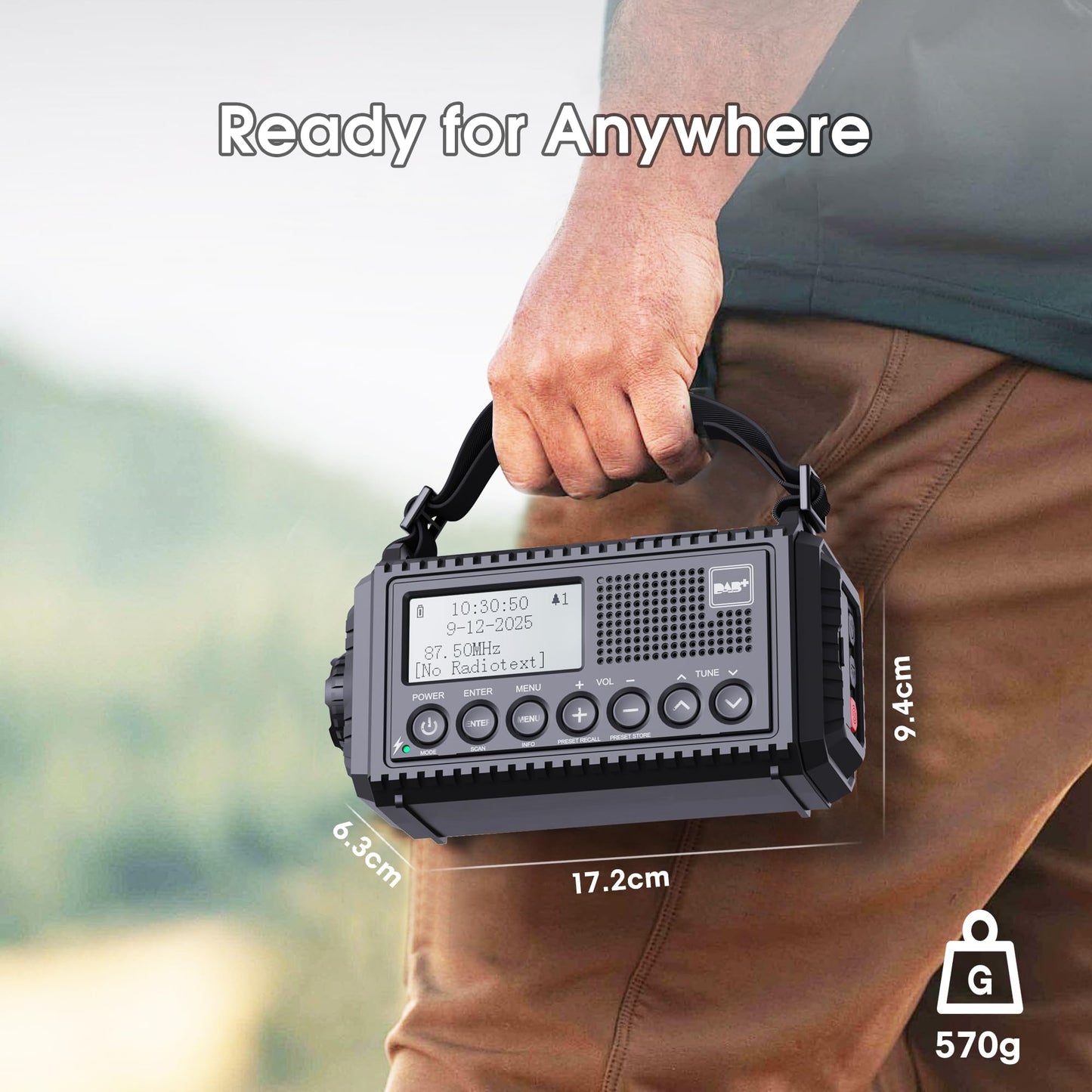 DAB/DAB+/FM digital radio with built-in 5000mAh battery. Solar radio emergency radio with USB mobile phone charging function. Camping radio with LED flashlight, reading light, SOS alarm. Portable crank radio for outdoor use.