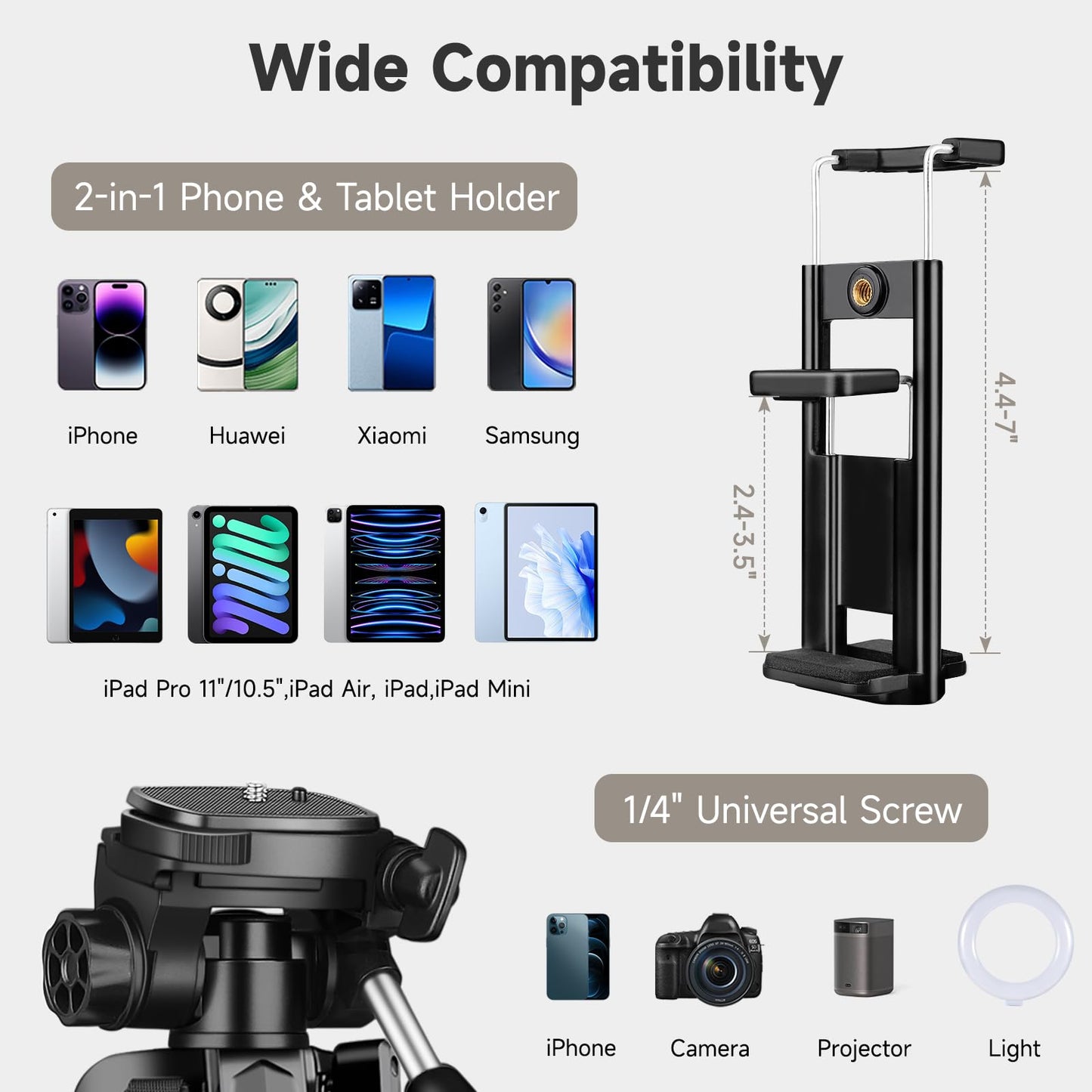 JOILCAN Camera Tripod, 173cm lightweight phone tripod for Smartphone/iPhone/iPad with detachable head, portable aluminum travel tripod with remote control and phone & tablet holder, load capacity 3.6KG