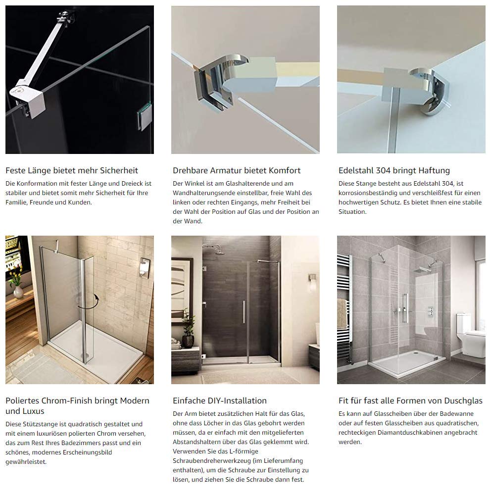 100cm stainless steel frameless shower door fixed side panel wall-to-glass support bar for 6mm 8mm 10mm thick glass by m-home
