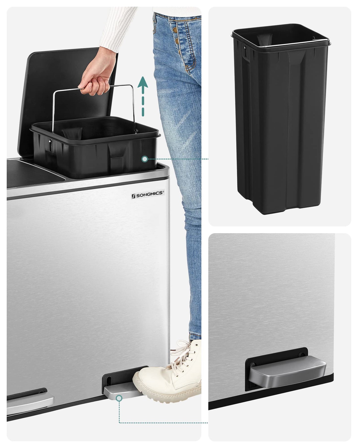 SONGMICS Trash Can, Waste Bin, Recycling System with 2 Compartments, Step Trash Can for Kitchen, 2 x 24L, Softclose, Plastic Inner Buckets, with Foot Pedals and Handles, Silver LTB48NL