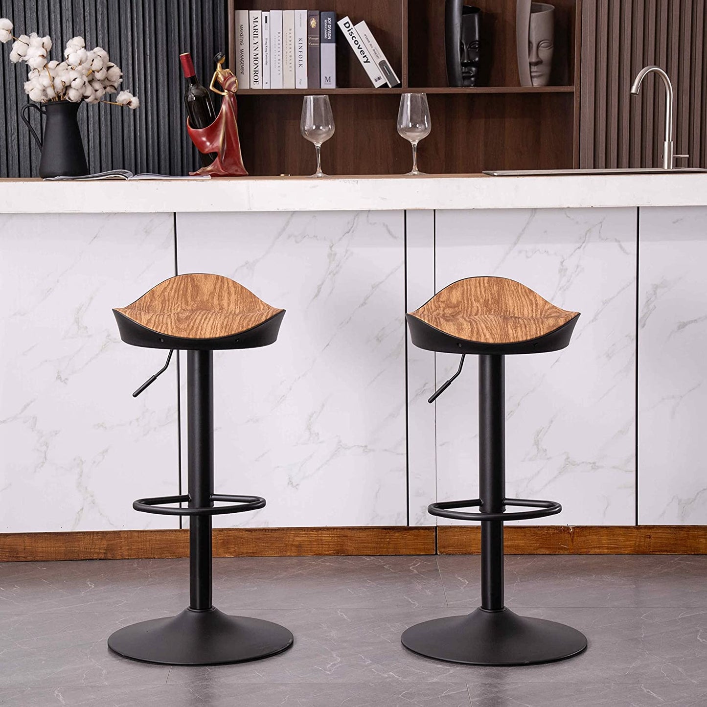 Kidol & Shellder Bar Stool Set of 2 360° Swivel and Height Adjustable Modern Kitchen Counter Hydraulic Armless Wood Grain...