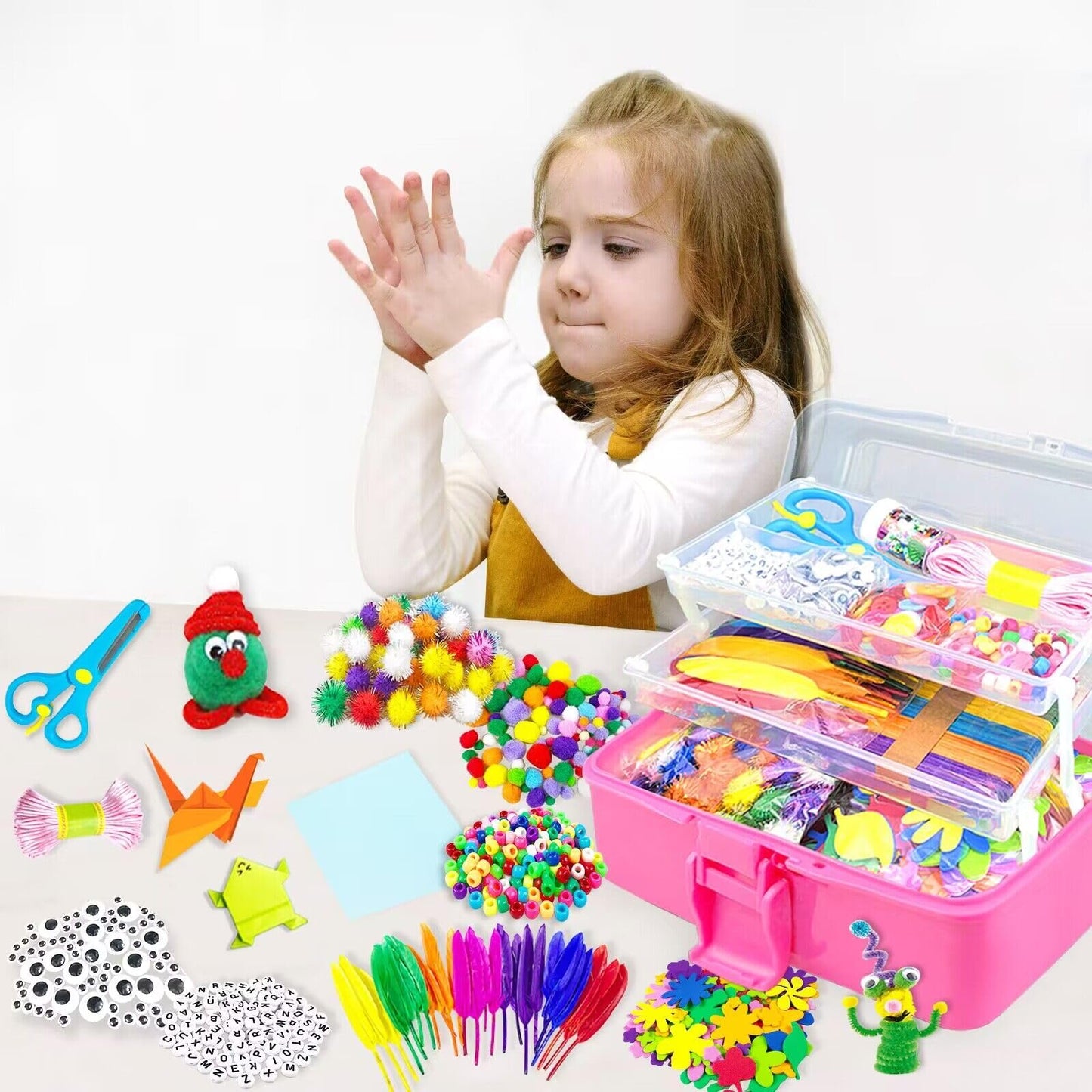 3000 piece children's DIY craft kit, craft suitcase with pipe cleaners, googly eyes, beads. Creative scrapbooking kit for girls and boys ages 4-8. Gift in Rose color.
