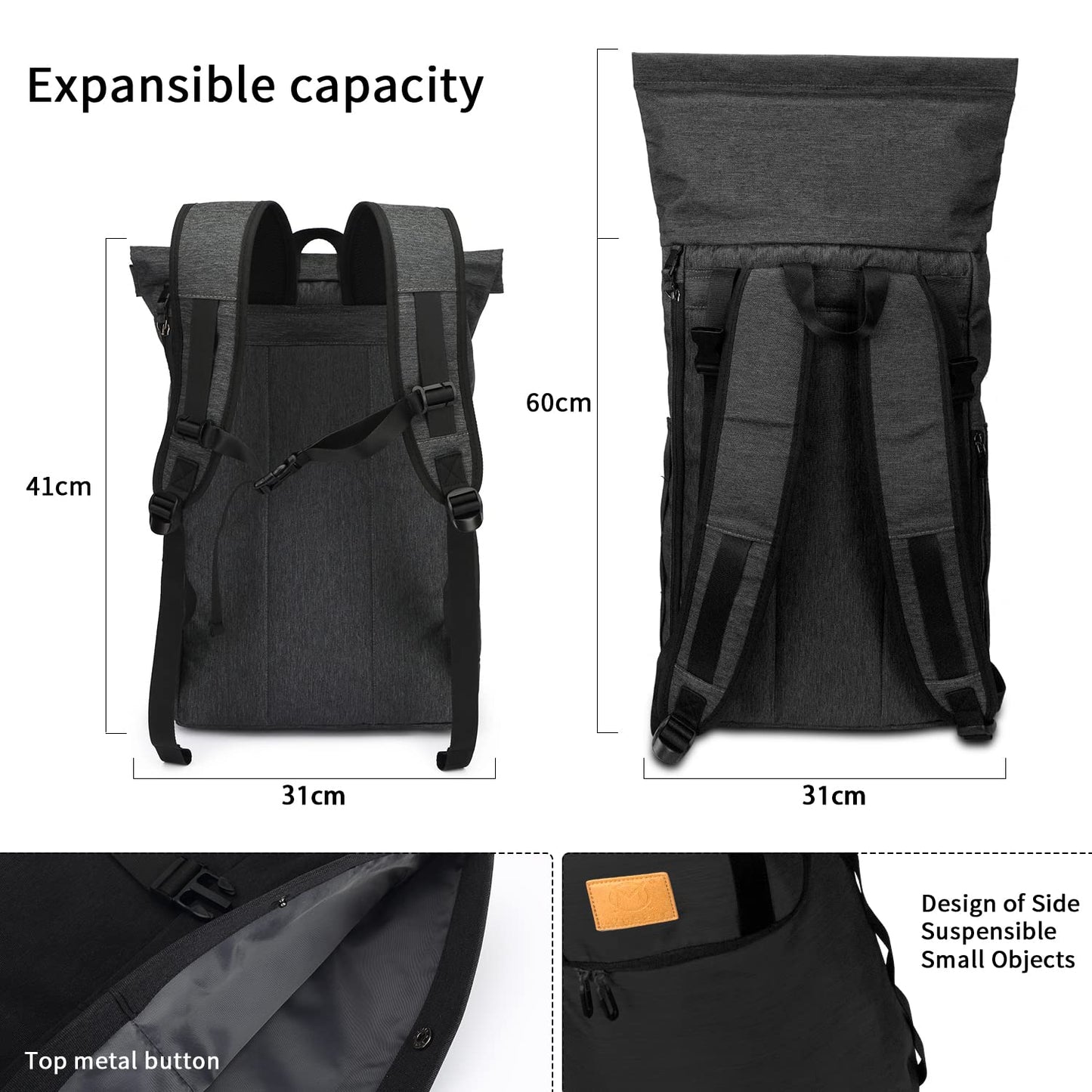 Myhozee Backpack Men Women Water-Resistant Laptop Backpack, Theft-Proof Roll Top Backpacks Daypacks, School Backpack Daypack Trekking Backpacks for Leisure Job Outdoor-Black