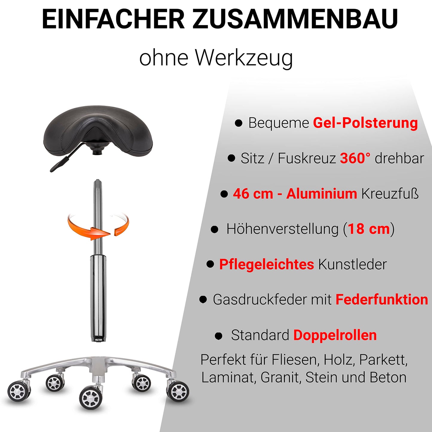 Staboos Rolling Stool up to 160 kg - Saddle Seat with Gel Cushion - Practice Stool with Wheels - Height-Adjustable Swivel Stool (55 cm to 75 cm) Saddle Stool