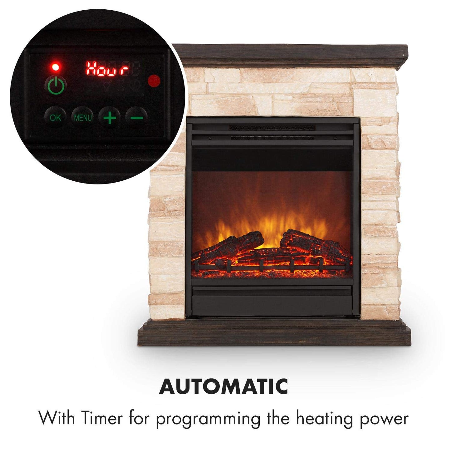 Klarstein Kaprun electric fireplace - electric fireplace with 1800 W power and flame effect, electric fireplace with stone decor, Polystone, including remote control, black-brown