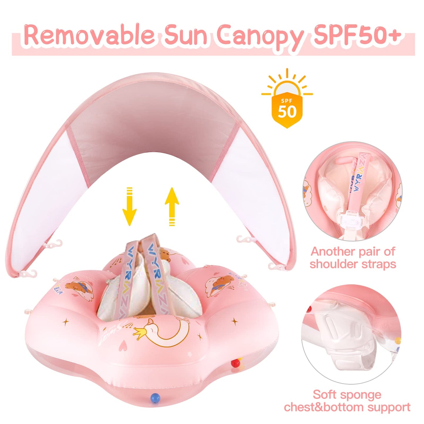 WYRIAZA baby swimming ring with sunshade SPF 50+. Upgrade baby swimming ring 8-16kgs with balance ball to prevent rollover (L 6-36 months).