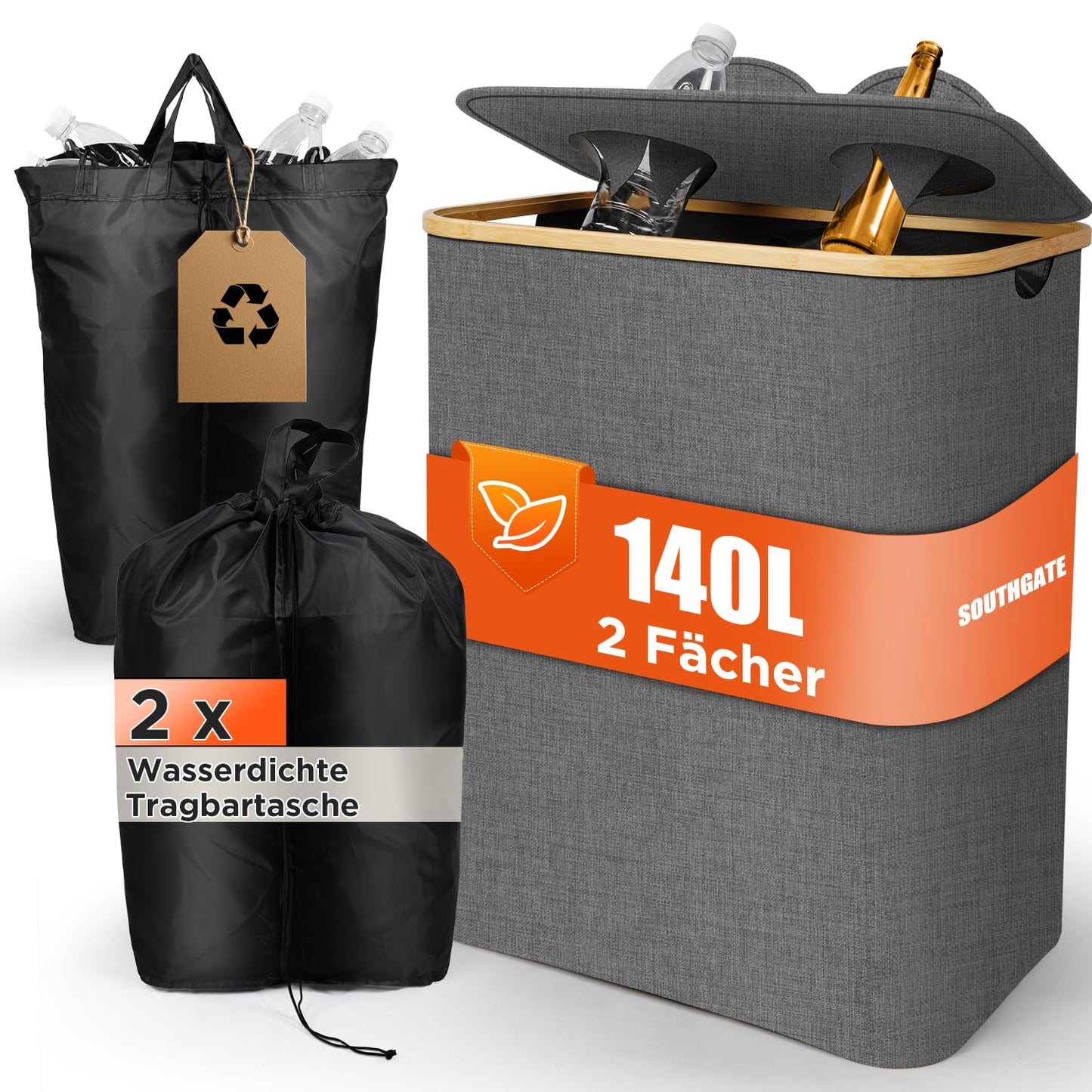 SOUTHGATE 140L deposit bottle collection bin with lid, collapsible container for empties & glass with 2 compartments & XXL carrying bags, 100% recyclable storage box, for shared flats, large families, parties.