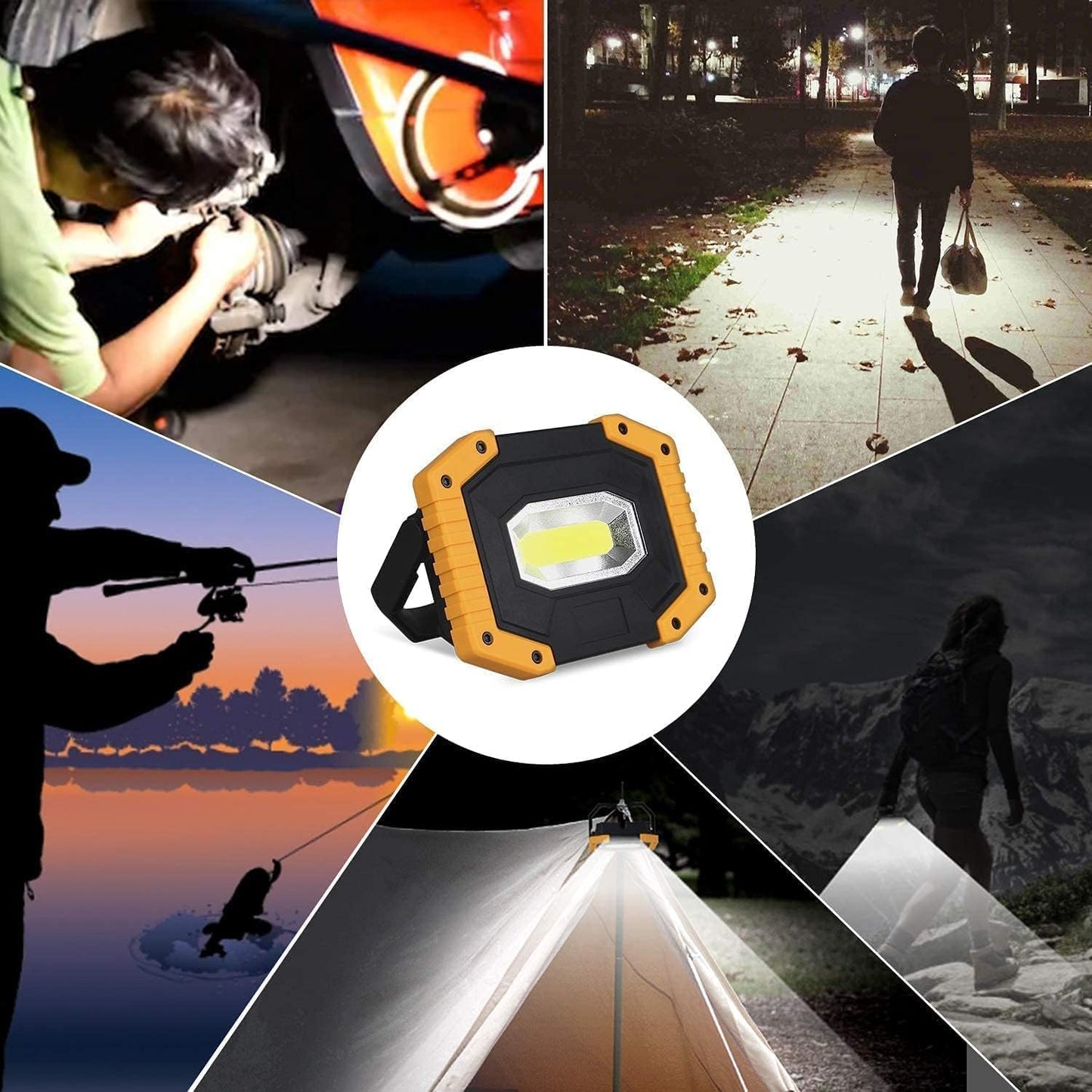 T-SUN LED construction site spotlight battery 2 pack, portable camping lamp, 30W 2000LM super bright rechargeable spotlight, LED work light USB for garage outdoor camping fishing emergency construction sites, 3 light modes