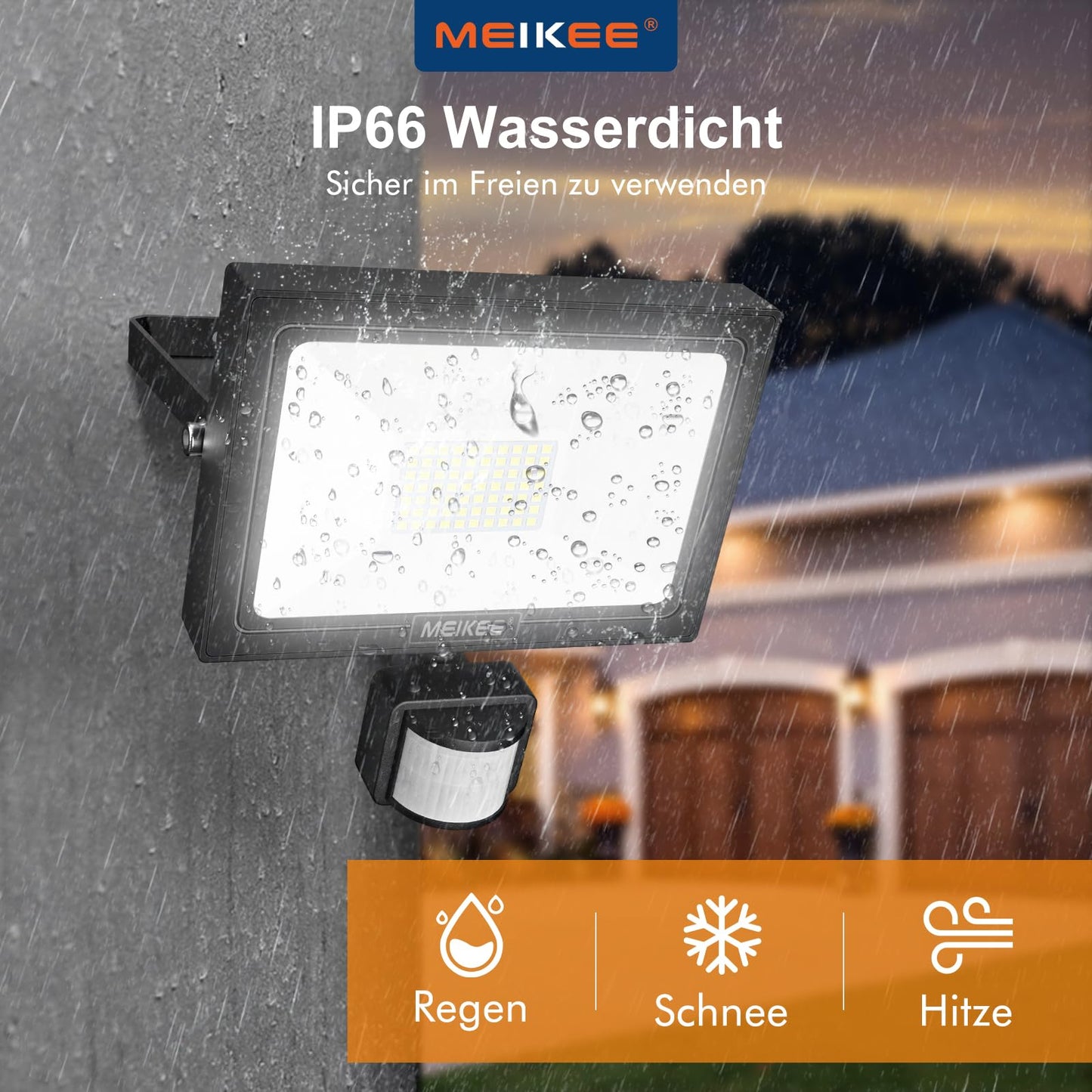 MEIKEE 60W LED floodlight with motion sensor, remote control, 5200LM super bright 6500K daylight white LED spotlight. IP66 waterproof with adjustable brightness and timing function. Perfect for garden, garage, yard.