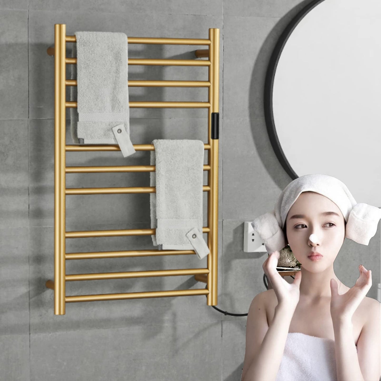 DUDYP Electric Towel Warmer Gold, Freestanding and Wall Mounted Heated Towel Rack Towel Dryer with Timer and LED Display, 11 Bar Plug-in 304 Stainless Steel Towel Heater