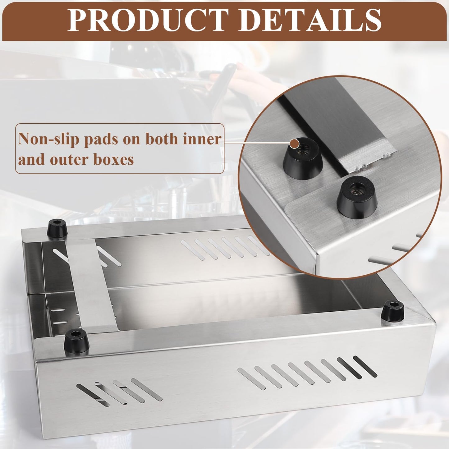 EFUTURETIME knock box for espresso machine coffee, made of stainless steel with removable noise-absorbing rod. Dimensions: 350 x 250 x 100mm, color: silver.