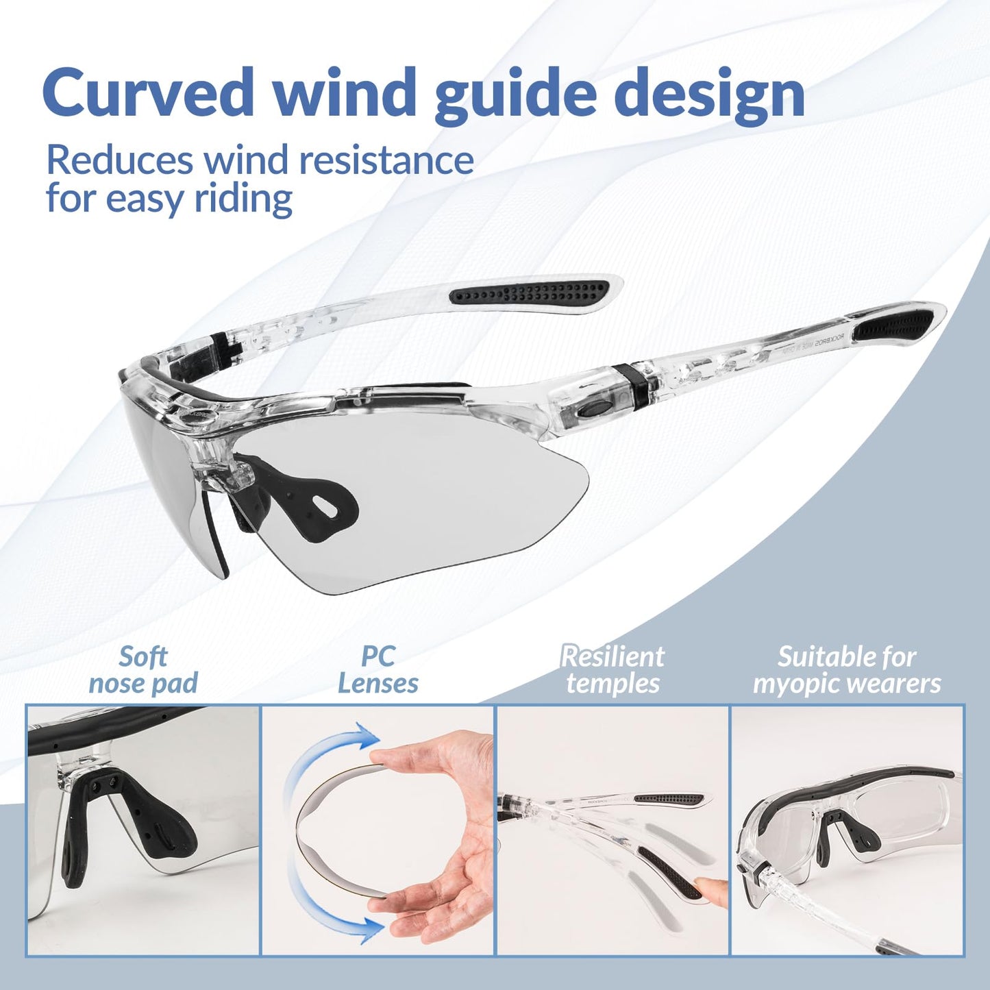 ROCKBROS self-tinting cycling glasses sunglasses for men/women with UV 400 and headband for eyeglass wearers. Ideal for outdoor activities like running and mountain biking. Transparent lenses.