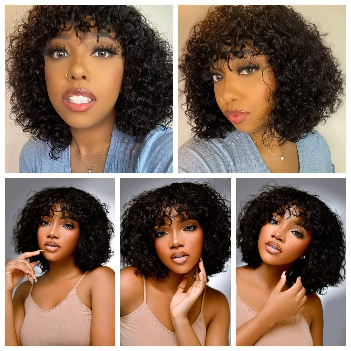 Real hair wig with bangs Short curly bob wig Real hair Jerry curl bob wig for black women 150% density Non lace front Glueless wig 10 inches (25 cm)