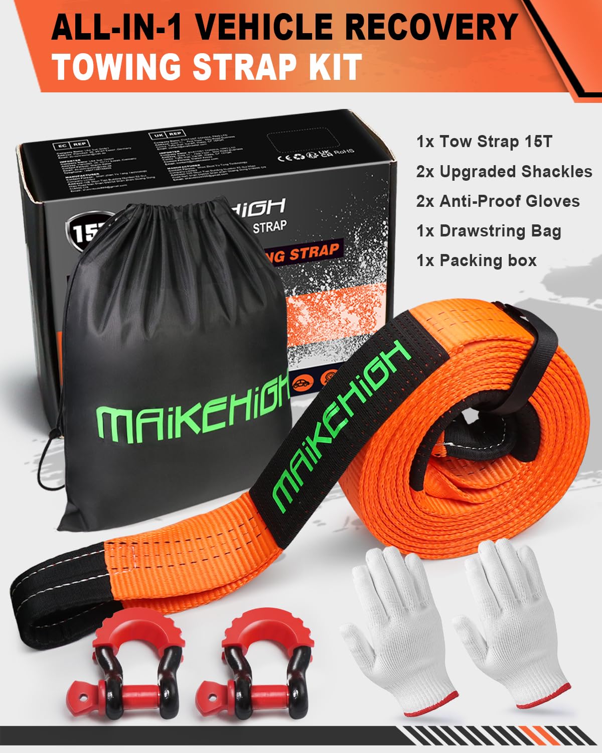 MAIKEHIGH Tow Strap 15 Tons (33,700 Lbs), 6M x 7.6cm Tow Strap with 2 Upgraded Shackles Hooks, 2 Gloves for Car, Truck, SUV, Offroad (Orange)