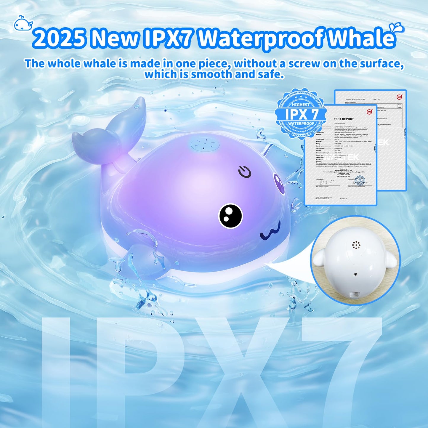PHNIXGAM Baby Bathtub Toy, Rechargeable Light Up Whale Bath Toy Sprinkler Bathtub Pool Water Fountain Toy for Toddlers Kids, Blue